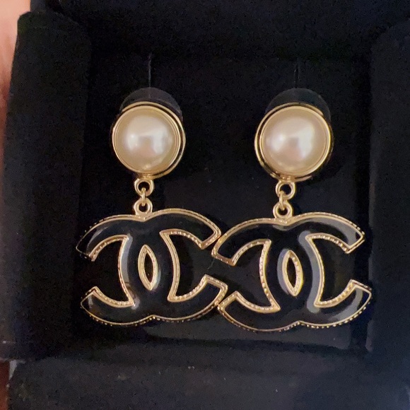 CHANEL Accessories - Chanel Logo Black Gold Metal Earrings